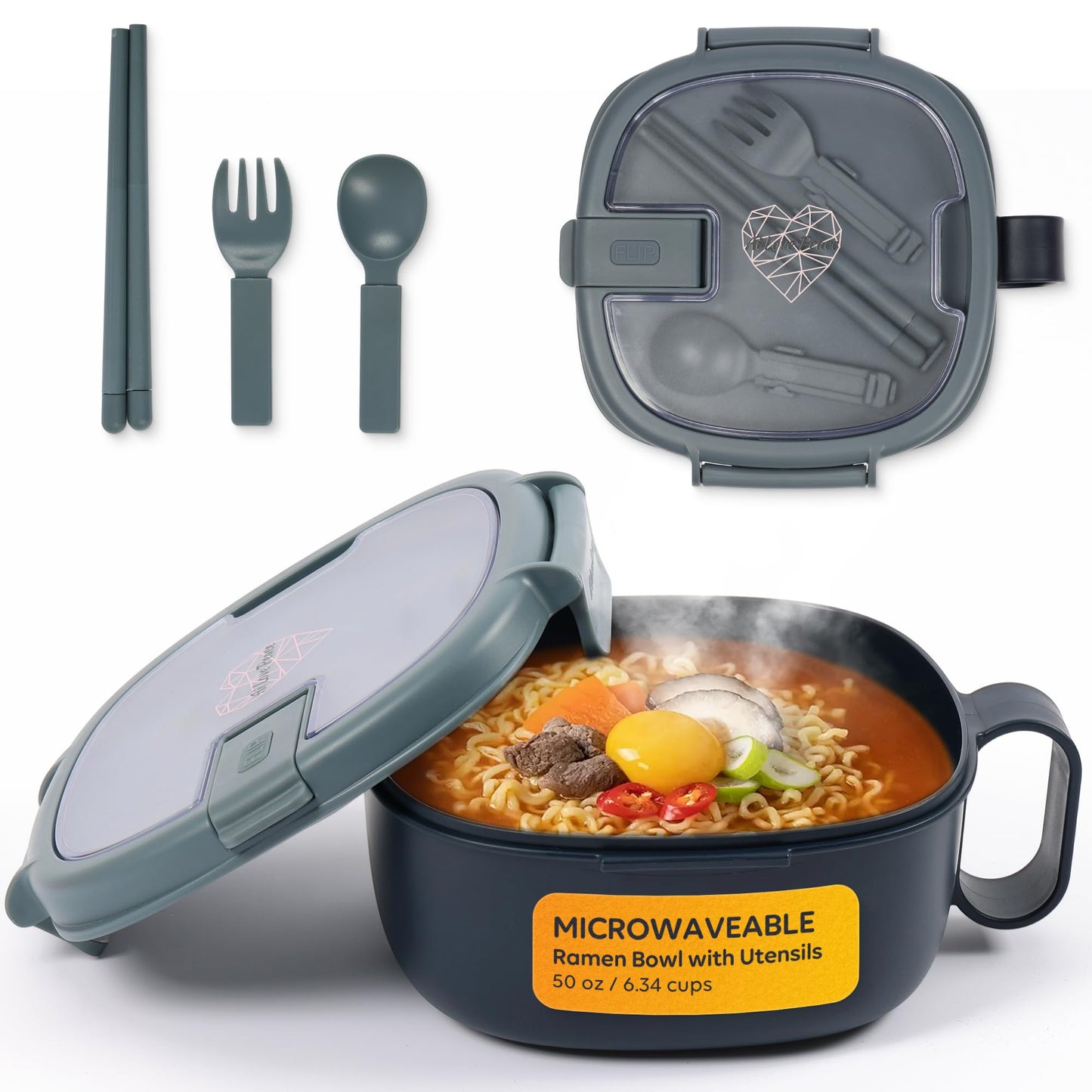 AI LOVE PEACE Microwavable Ramen Bowl Cooker with Lid - Leakproof Noodle Container with Built-In Utensils, BPA-Free, Dishwasher & Freezer Safe [Navy]