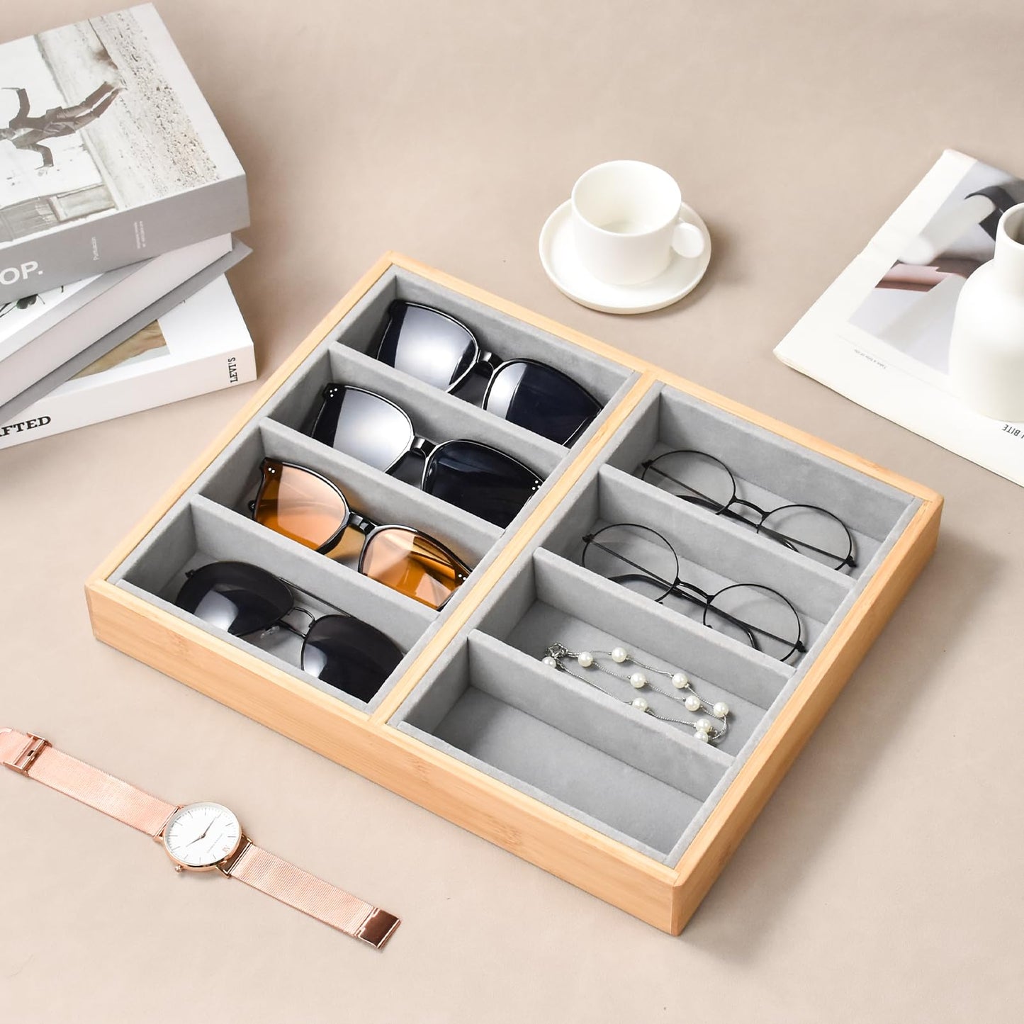 Lunavita Natural Bamboo Velvet Lining Glasses Eyeglass Eyewear Sun glasses Sunglasses Box Storage Case Tray Display Showcase Organizer Box (8 Grids)