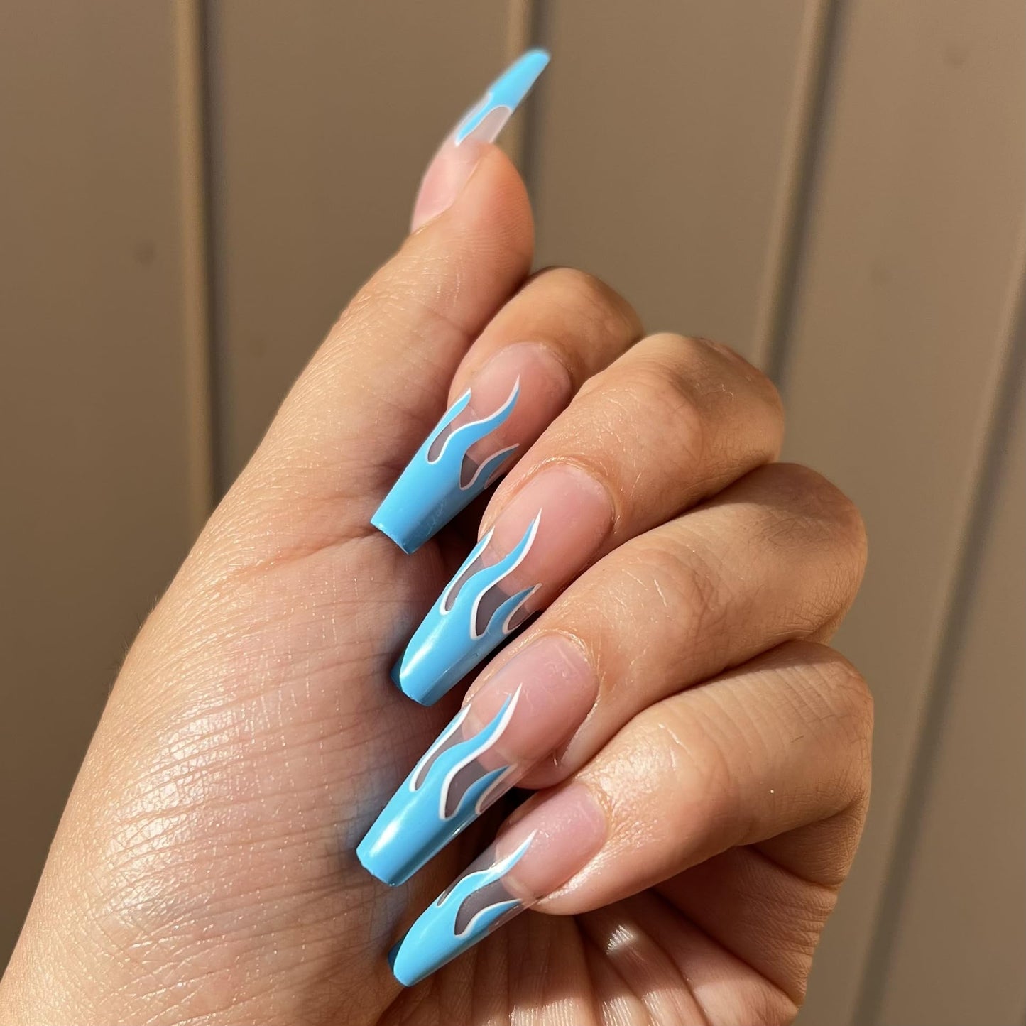 OCEAN FLAME Press-On Nails by Lavaa Beauty | Extra-Long Coffin | Blue Flame Tip Design