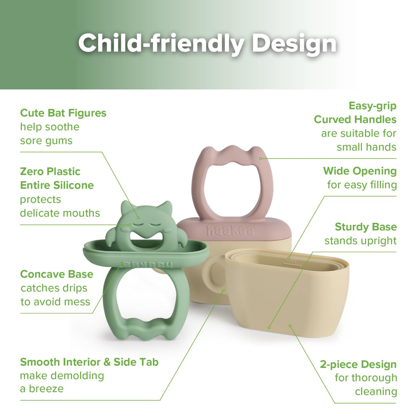 Haakaa Chilly Monster Breastmilk Popsicle Molds, Silicone Popsicle Molds for Baby Teething Relief, BPA Free Frozen Breast Milk Teether Popsicle Maker & Ice Pop Molds for Infant 6m+ (Blush + Pea Green）