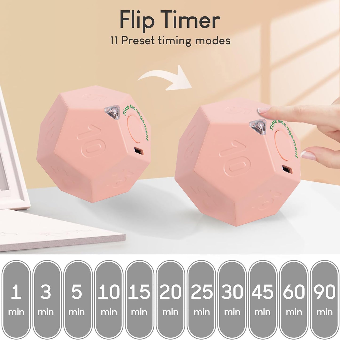 BEBESIRI Mini 12 Sided Cube Timer, 11 Preset Times Pomodoro Timer for Enhanced Productivity. Ideal for ADHD Management, Workout, Study & Kitchen Cooking. Easy to Use (Pink)