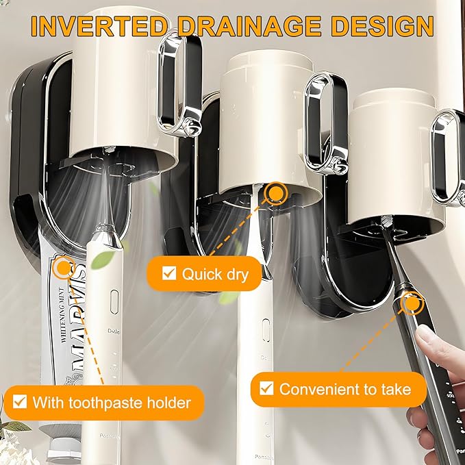 Toothbrush Holder Wall Mounted with Toothpaste Holder & Detachable Cup - Removable Suction Cup in Bathroom Sink, Shower - Space Saving, Ventilation Design for Family, Renters