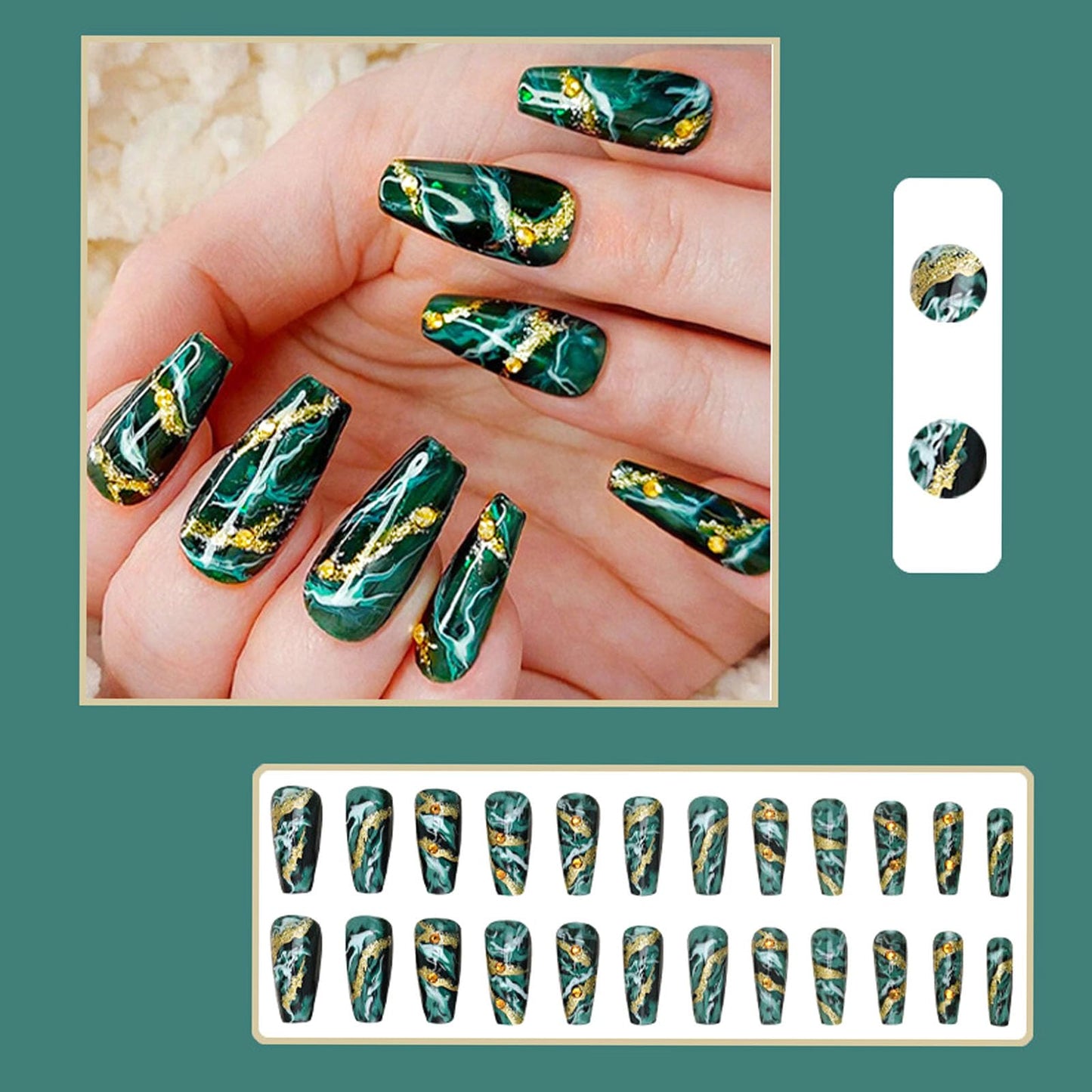 Medium Press on Nails Coffin Fake Nails with Golden Glitter Lines Rhinestones Designs Glossy Nails Press ons Green Gradient Glue on Nails Acrylic Artificial Stick on Nails for Women 24Pcs