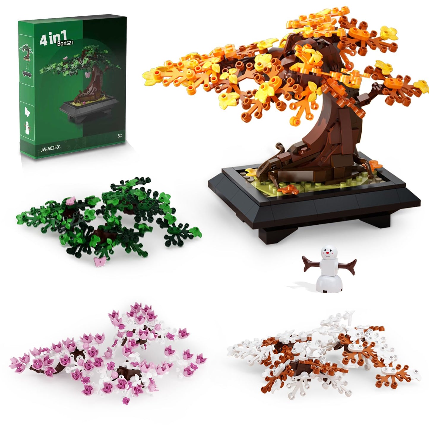 PDQAZIR 4 in 1 Bonsai Tree Building Blocks Set, 529PCS Nature Plant Model with Changeable Seasons, Creative Botanical Construction Kit for Home Décor, STEM Educational Toy Gift for Adults