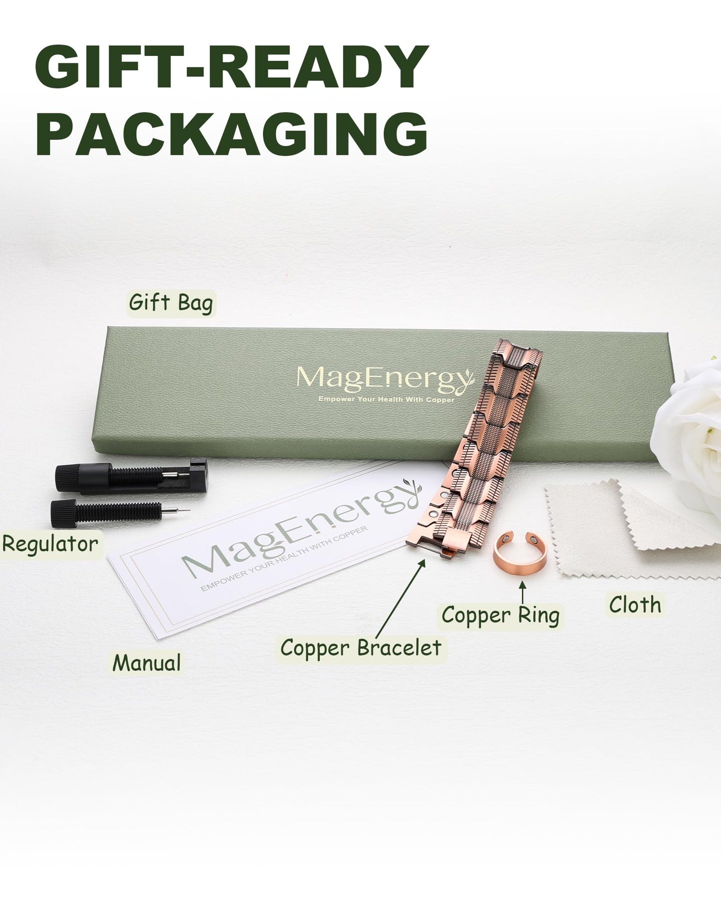 MagEnergy Copper Bracelet for Men, 3X Strength Magnetic Bracelet with 99.99% Pure Copper Ring & 3800 Gauss Magnets, Adjustable Length with Sizing Tool