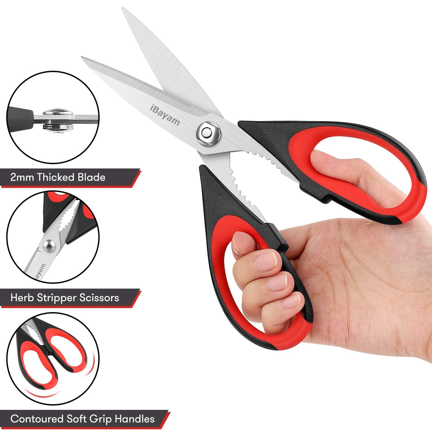 iBayam Kitchen Scissors All Purpose Heavy Duty 2 Pack with Protective Sheath, Stainless Steel Shears Kitchen Utensils Set for Cutting Food Cooking Meat Poultry Dishwasher Safe Soft Comfort-Grip