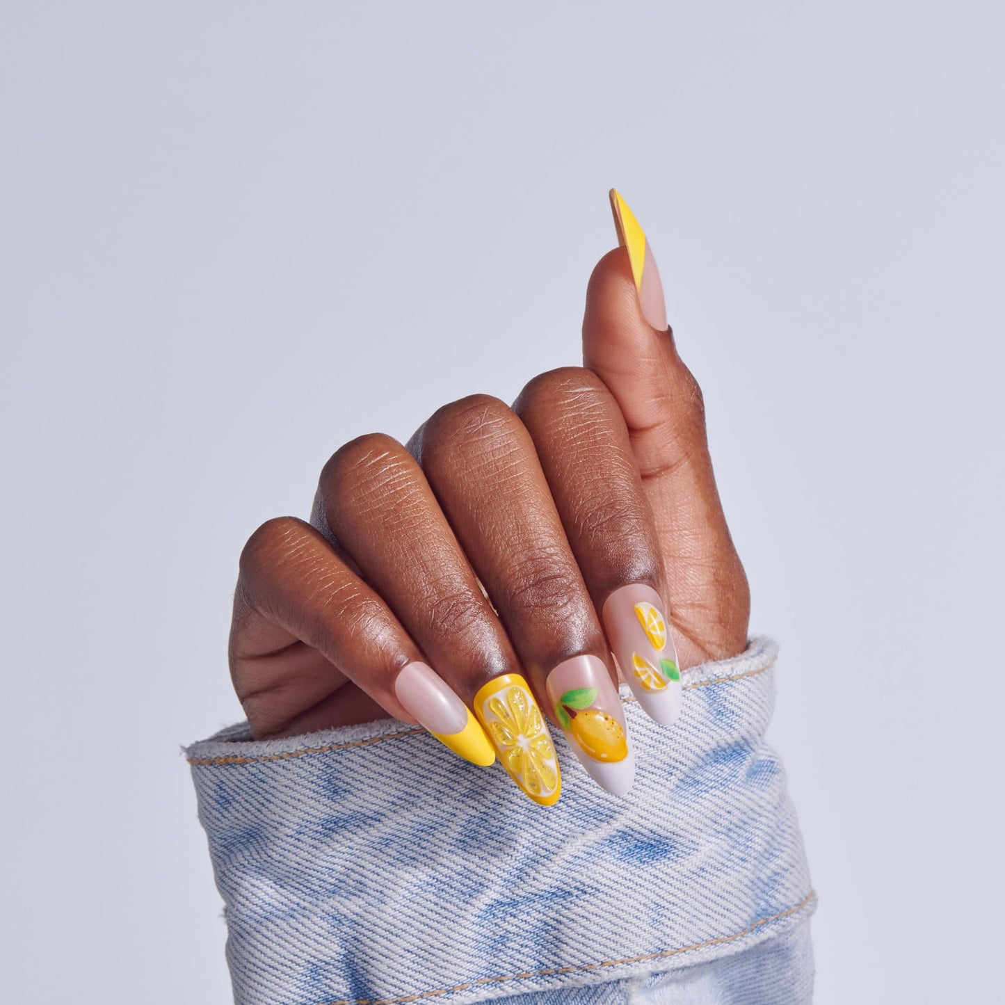 Kiss Glam, Press On Nails, Nail glue included, 'Cherish the Moment', Yellow, Long Size, Almond Shape, Includes 32 Nails, 2g Glue, 1 Manicure Stick, 1 Mini File