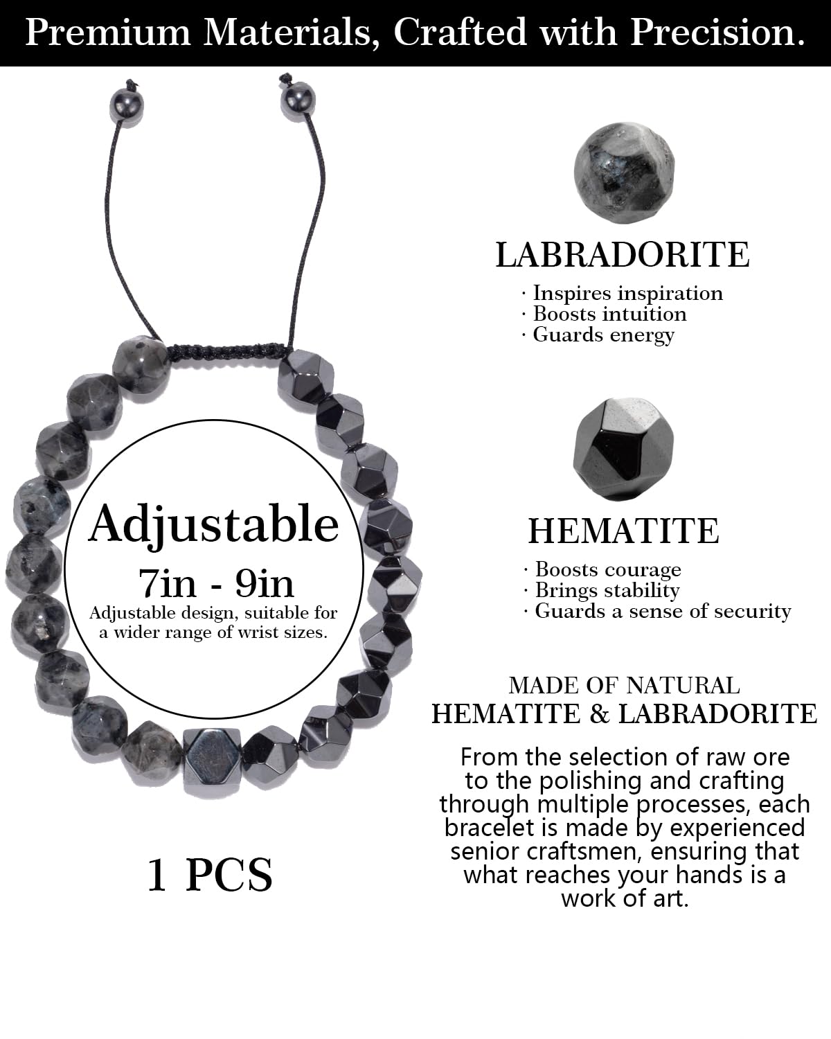 Beaded Bracelet for Men, 10mm Natural Stones Bracelet for Men's Gift, Adjustable Precision-Cut Gemstone Crystal Healing Bracelet, Protection Jewelry Gift with Hematite, Tiger Eye (Black Labradorite & Hematite)