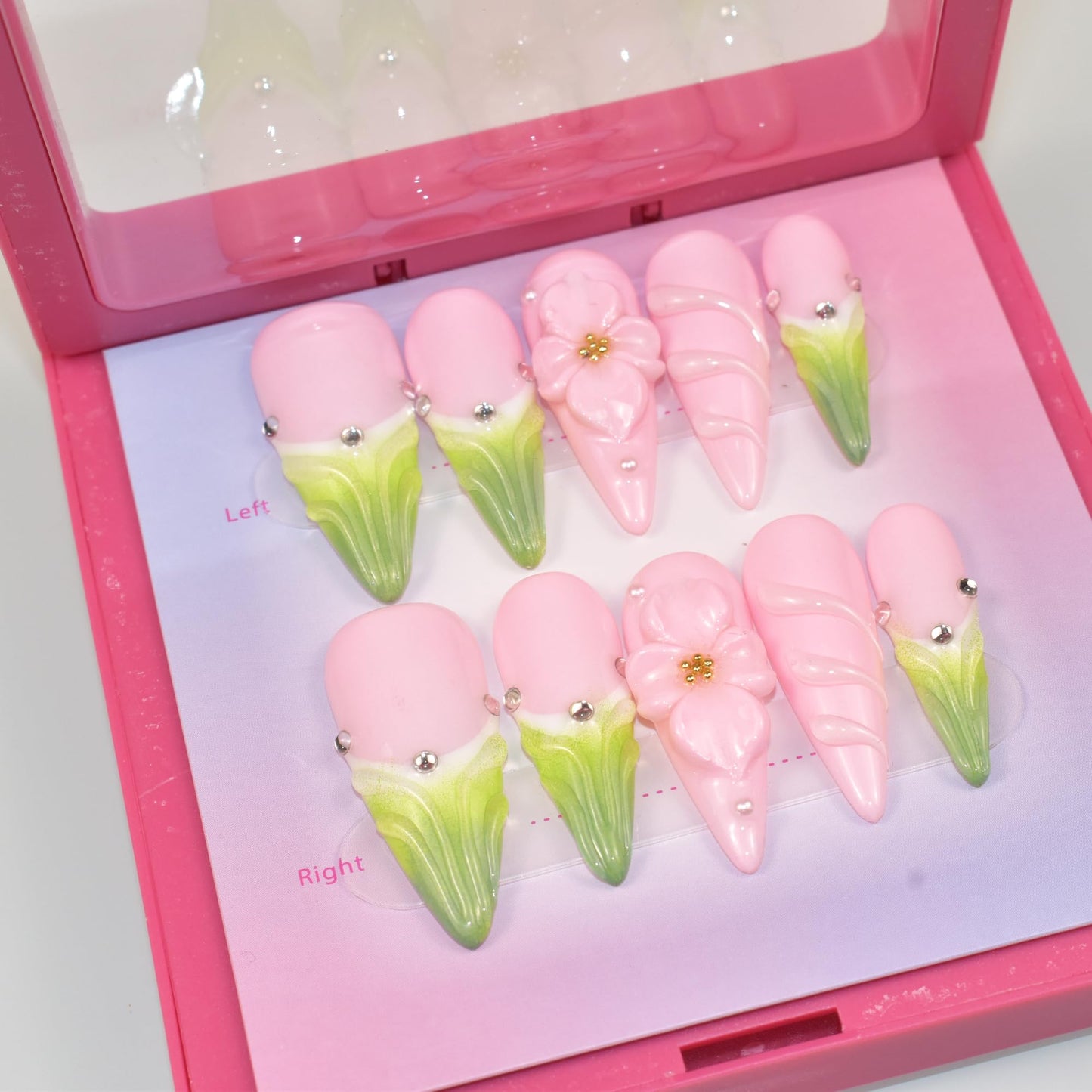 LIFOOST Nails Handmade Press On Long Stiletto Almond Artistic Petal Pink Green Fashion Artificial False Nail Tips 10 Pcs Set