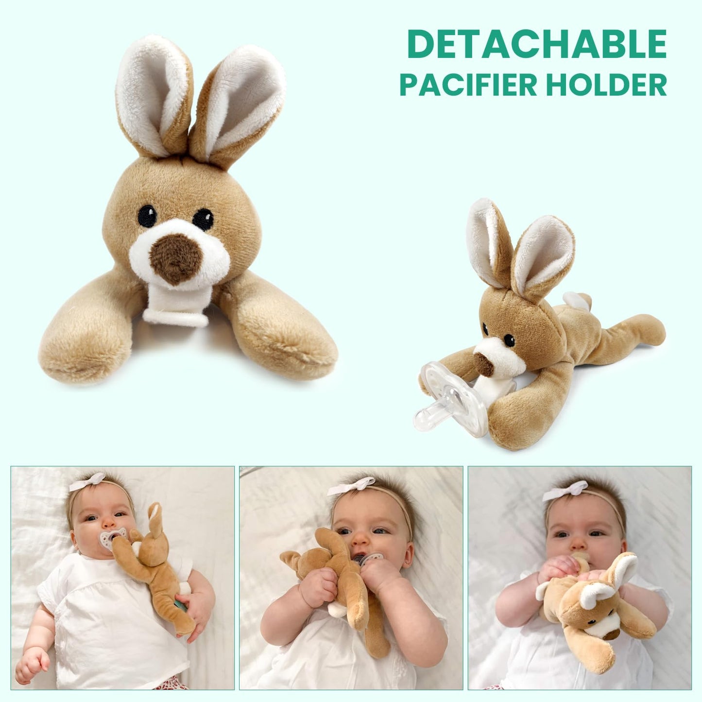 Detachable Rabbit Pacifier Holder - Soft Silicone Pacifier with Plush Animal - Removable, Machine Washable, BPA-Free for Babies 0-24 Months