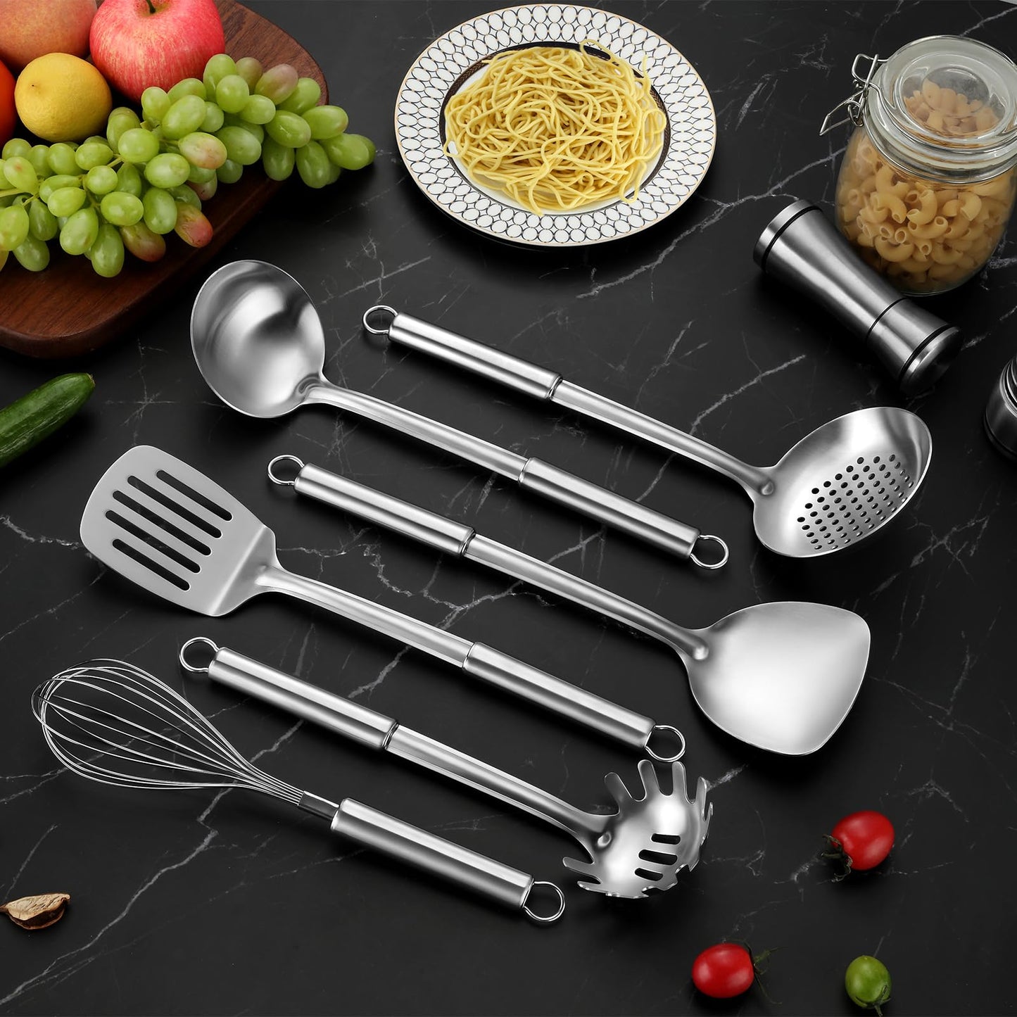 Gymdin 6-Piece Kitchen Cooking Utensils Set, Stainless Steel Kitchen Utensils with Suspendable Handle, Spatula, Slotted Turner, Soup Ladle, Slotted Spoon, Whisk, Pasta Server, Dishwasher Safe
