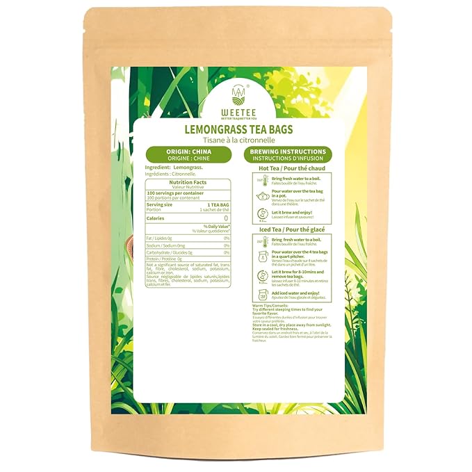 WT WEETEE Lemongrass Tea Bags, 100 Count Pure Lemon Grass Leaves Tea Bags, Natural Caffeine Free Herbal Tea