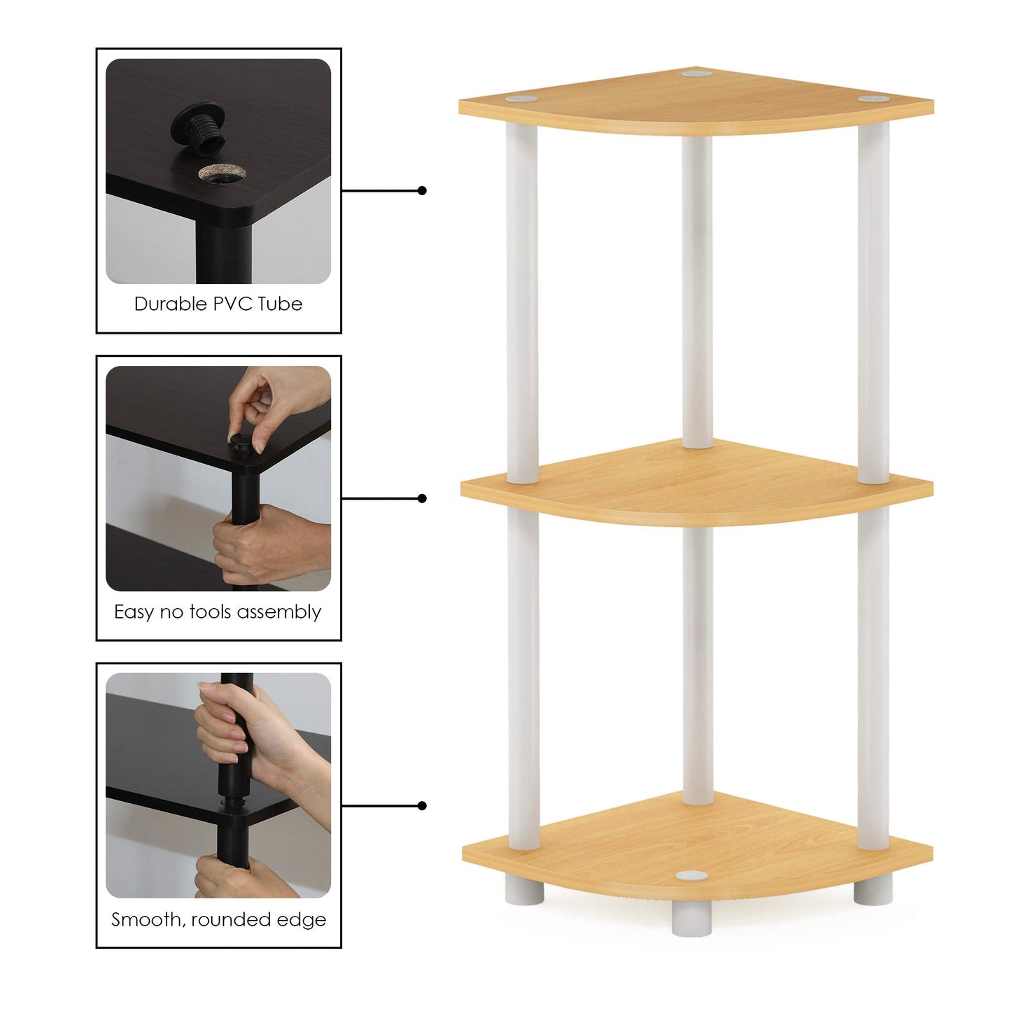 Furinno TURN-N-TUBE Corner Shelf, 3-Tier Corner Bookshelf, Display Storage Shelves with Open Shelves, for Organization and Storage, Living Room, Home Office, Garage, Beech