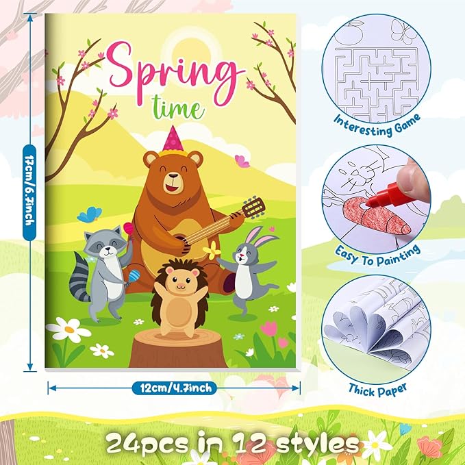 BenLouis 24 Pcs Spring Mini Coloring Books Kids Easter Party Favors Small Activity Books Bulk for Kids Spring Butterfly Flower Bee Birthday Goodie Bags Stuffers Return Gifts Classroom Travel