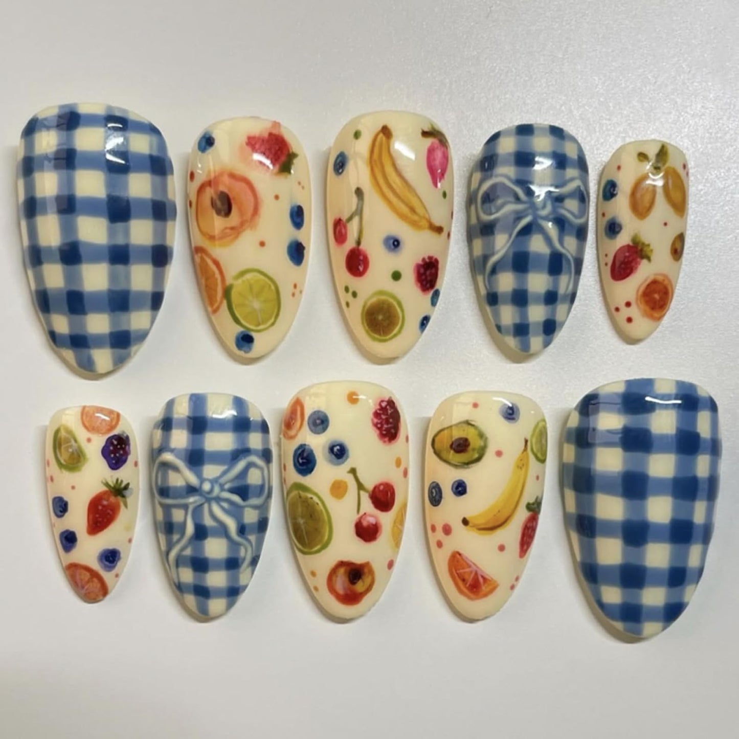 IMRAIN Almond Press on Nails Medium Fake Nails with Blue Plaid Designs Summer Cute Fruit Glossy Acrylic False Nails Full Cover Artificial Glue Stick on Nails for Women Girls