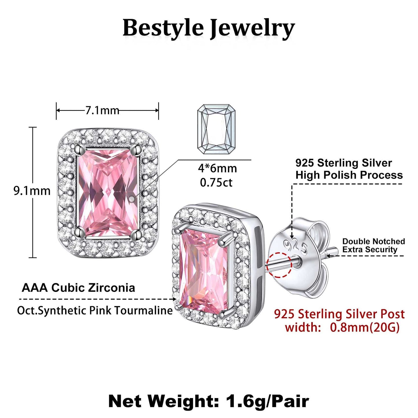 Bestyle Infinity Love Square Stud Earrings with October Pink Tourmaline Birthstone Crystal, Brilliant Love Square Diamond Studs Statement Jewelry for Women