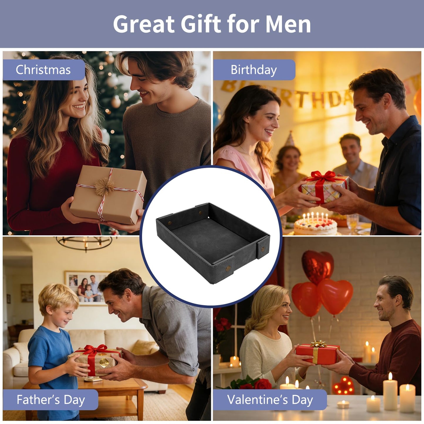 SITHON Valet Tray for Men, Premium PU Leather Catchall Tray Nightstand Organizer for Keys, Wallet, Watch, Phone, Great Christmas Birthday Graduation Father’s Day Gift for Him (Black)