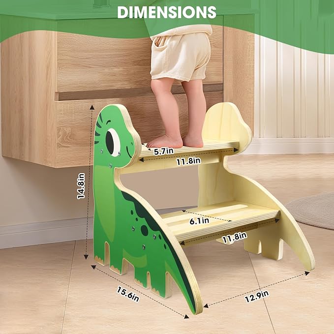 Toddler Step Stool, 2-Step Wooden Step Stool for Toddlers with Non-Slip Base, Cute Printed Design Potty Training Stool for Bathroom Sink, Kitchen & Bedroom (Dinosaur)