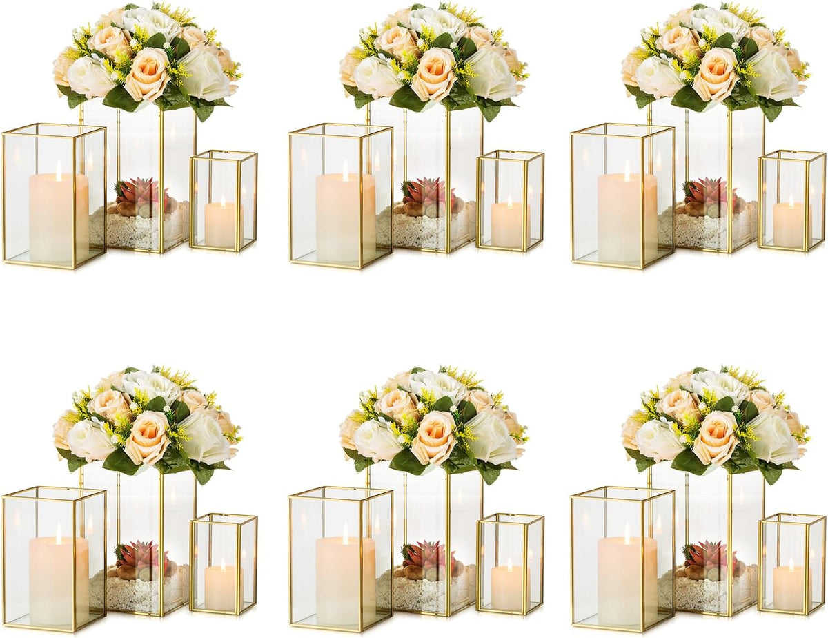 Glass Hurricane Candle Holder Large - Hewory 18pcs Gold Rectangle Flower Holders Centerpiece for Table, Tall Floor Square Pillar Candle Lantern for Wedding, Anniversary, Party, Fireplace, Dining Room