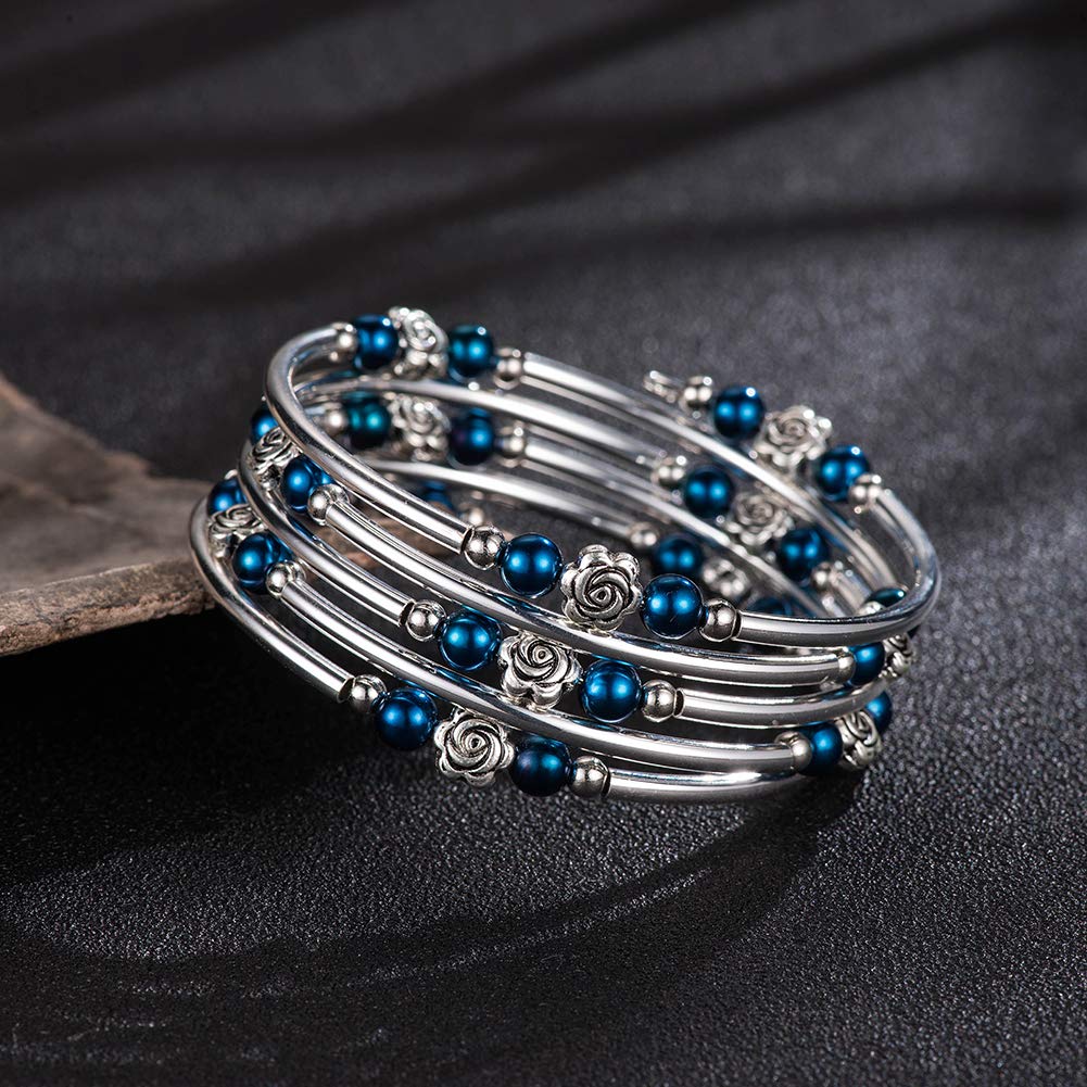 BULINLIN Wrap Bangle Rose Bead Bracelet - Beaded Bracelet with Natural Agate Stone Gifts For Women(01-Sapphire pearl)