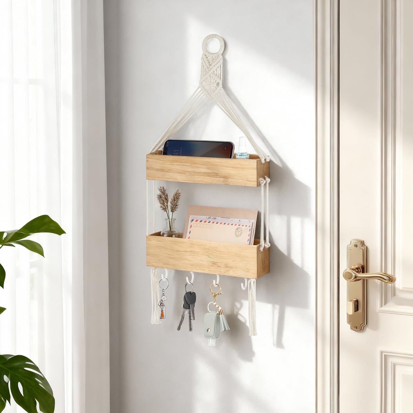 Mkono Macrame Hanging Shelves Boho Wall Decor Set of 2 and Bedside Shelf Organizer with Hooks