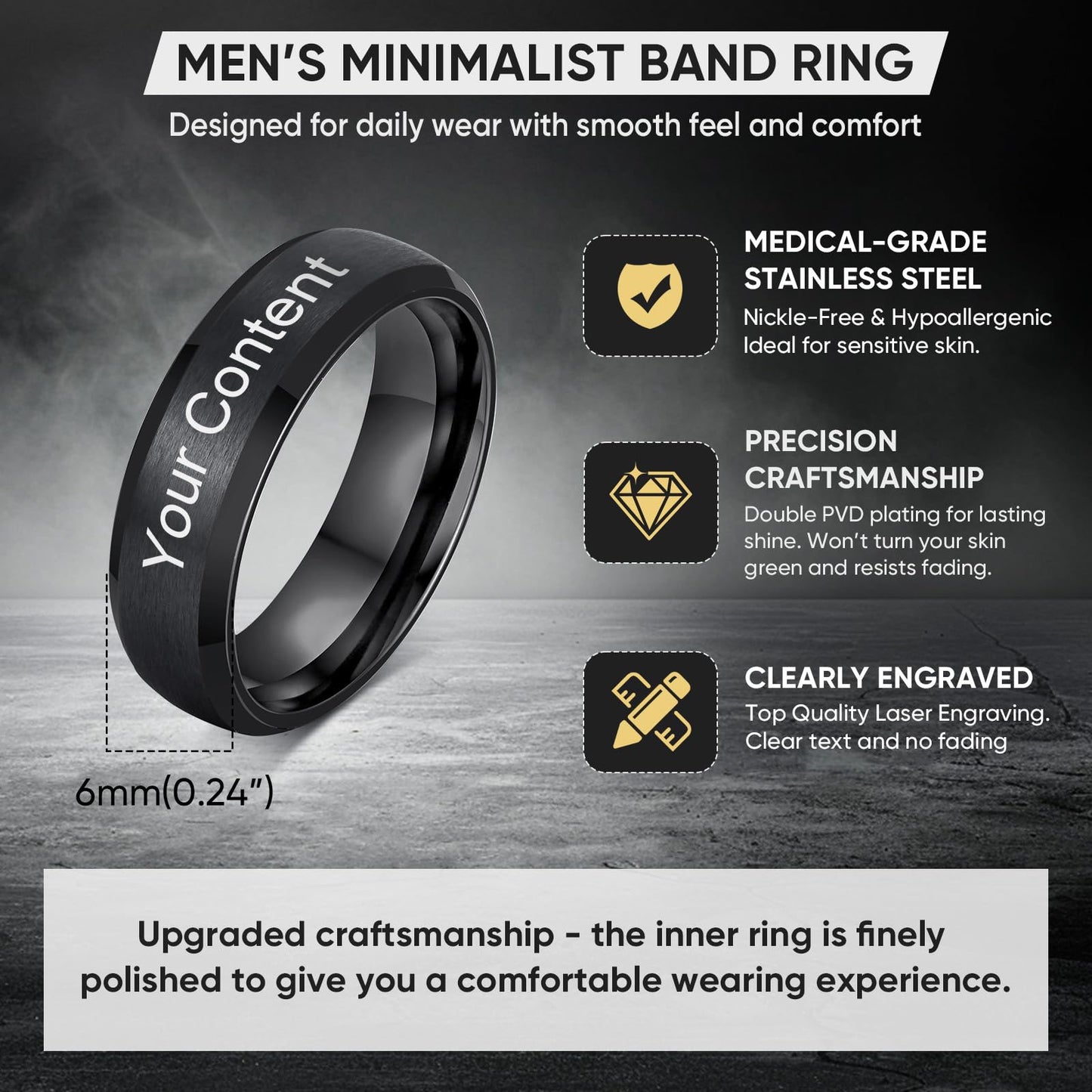 VNOX Customize Jewelry-6MM Black Stainless Steel Beveled Edge Matte Brushed Finish Rings for Men Women,Size 13