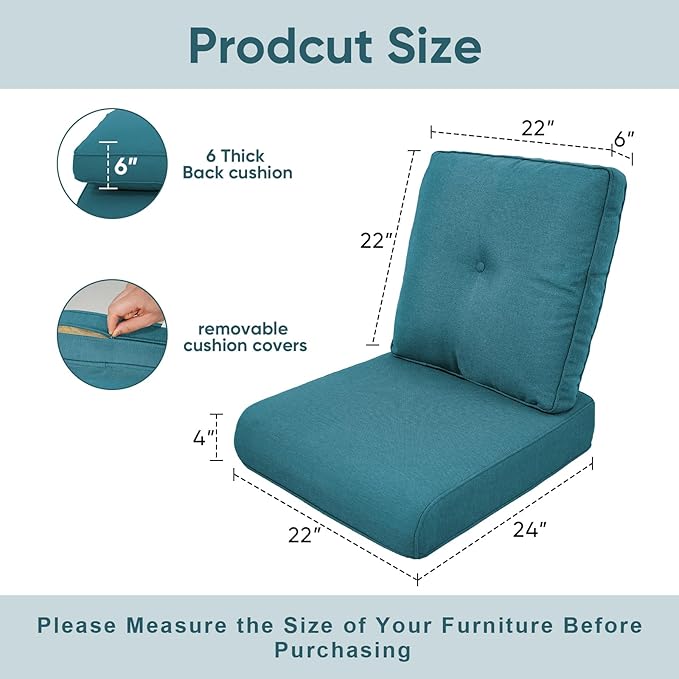 Outdoor Chair Cushions for Patio Furniture - 1 Pack Outside High Back Thick Water-Resistant Cushion 22x24 with Zipper Cover for Wicker Glider Rocking Chairs Loveseat Couch – Peacock Green/Buckle