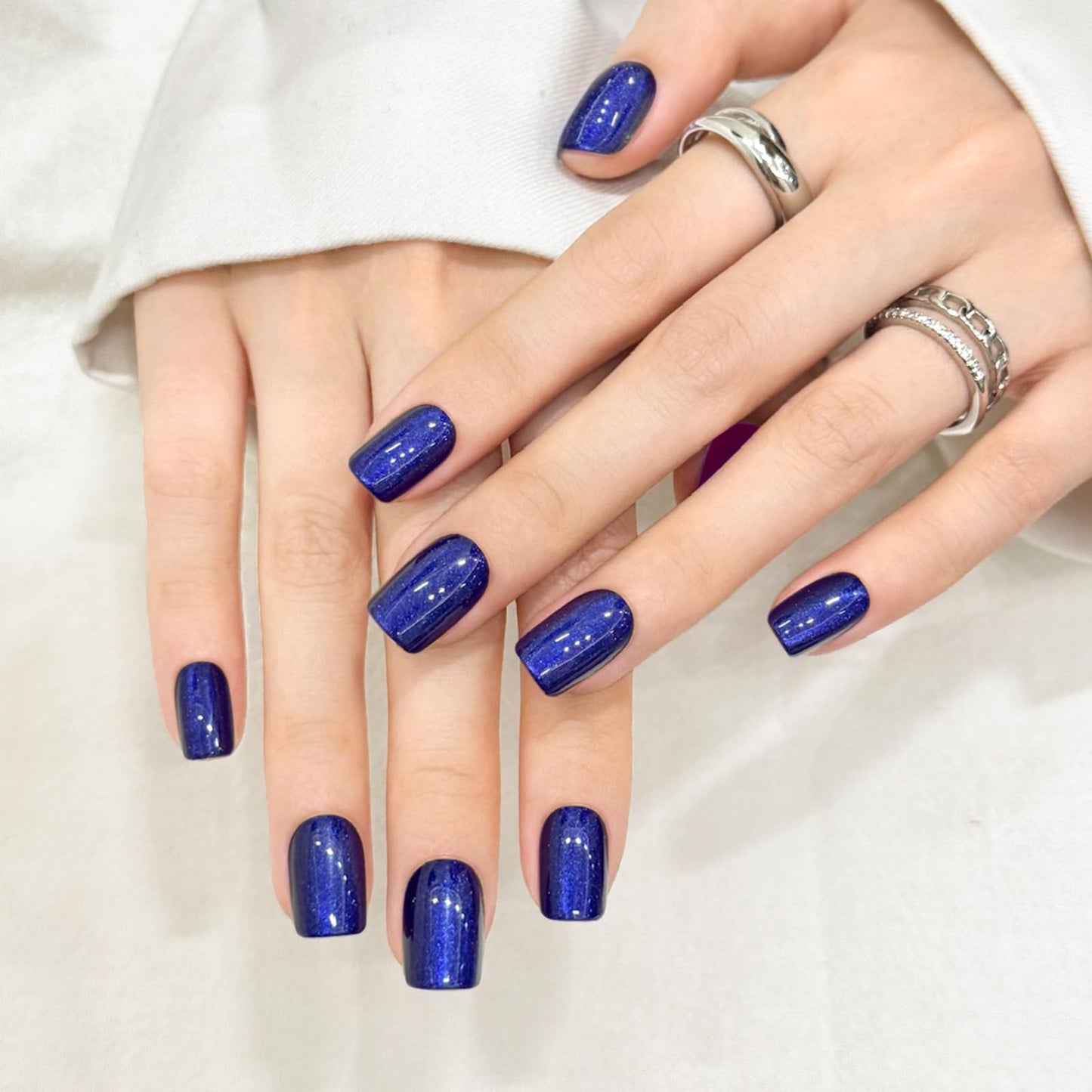 Navy Blue Cat Eyes Press On Nails,12 Sizes - 24 Pcs Soft Gel Blue Short Squoval Fake Nails Kit with Nail Glue, Natural Reusable Stick On False Nails for Women and Girls SK1061