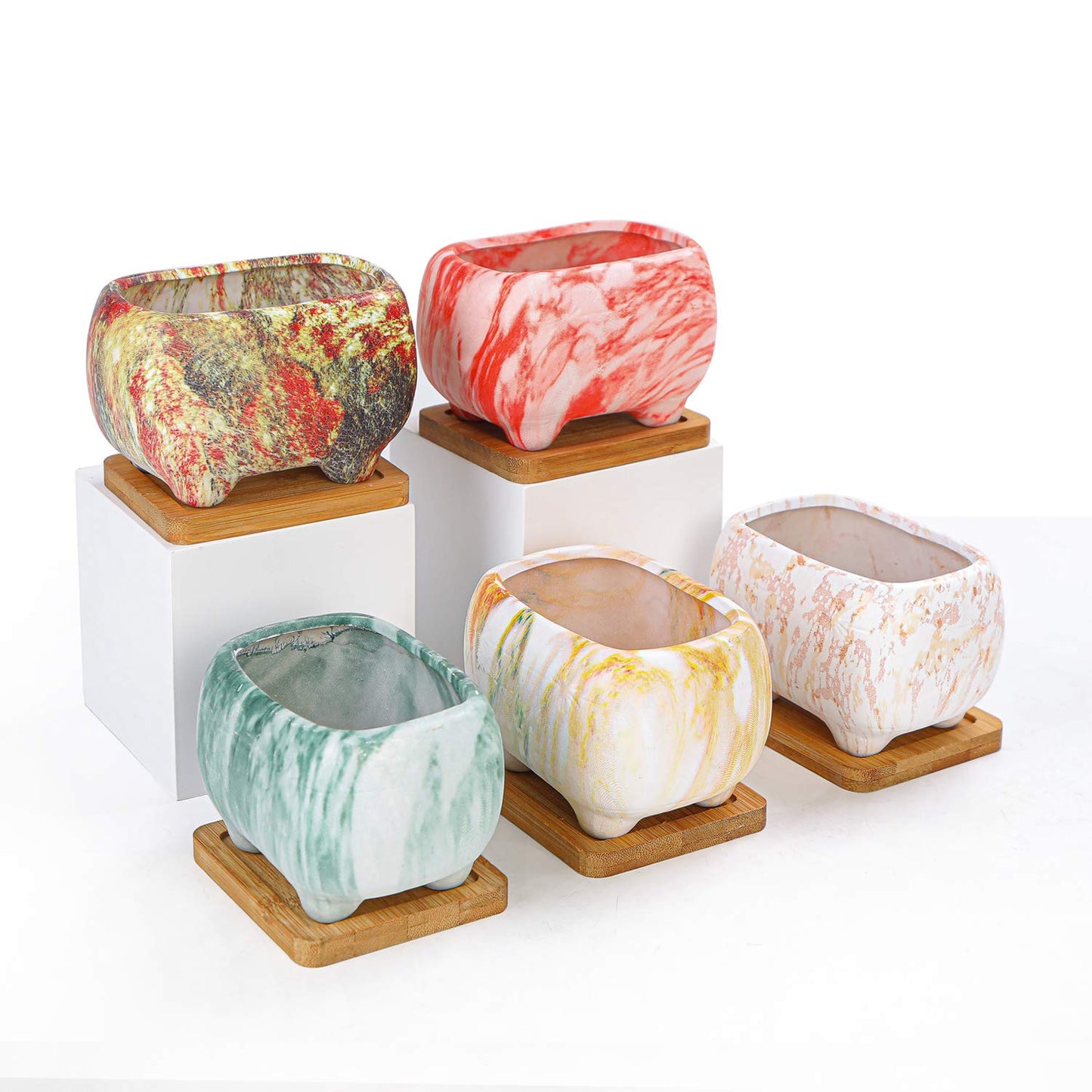 ARTKETTY Succulent Planters, 4.7" Small Succulent Pots with Drainage Rectangular Cactus Planter with Bamboo Trays Ceramic Pots for Indoor Flower Plants Set of 5
