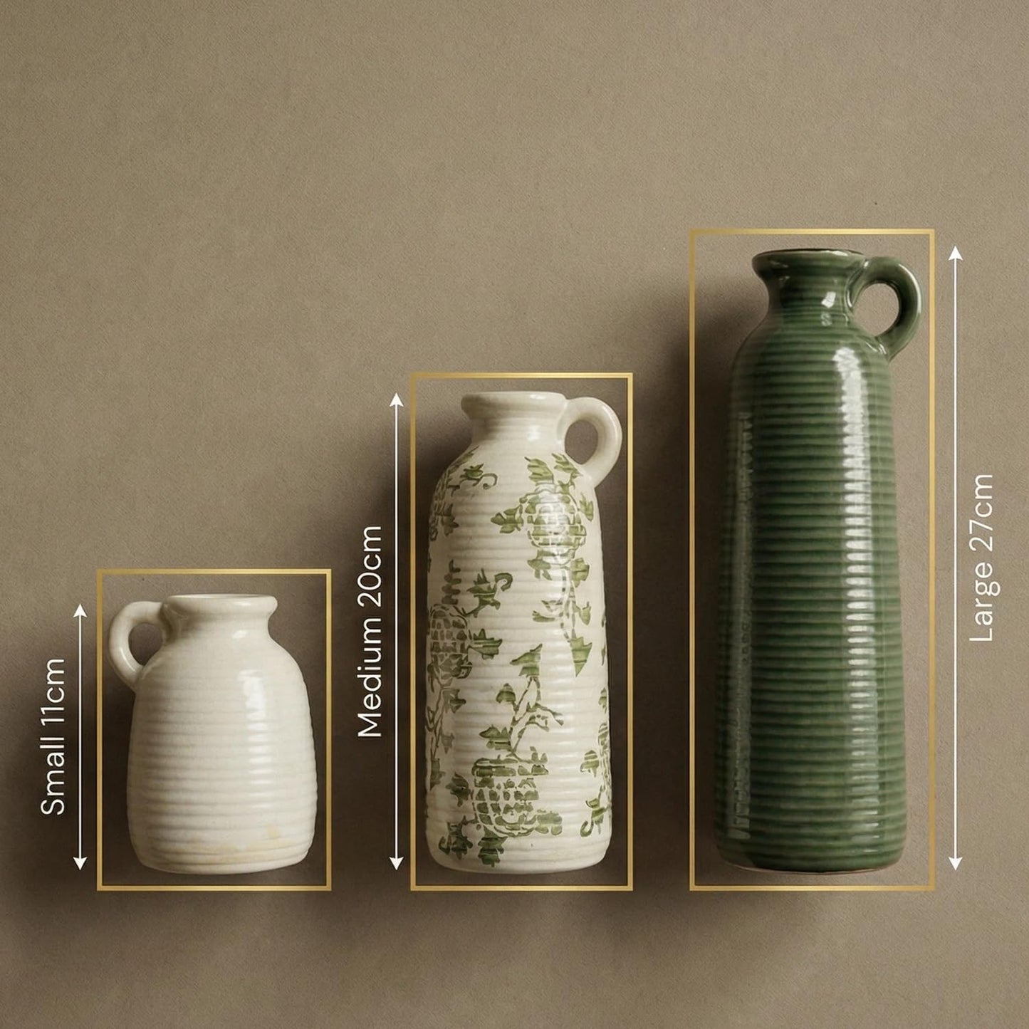 LIFESTYLO Ceramic Vase Set of 3 with Handles, Green White Neutral Rustic Modern Farmhouse Boho Decor, Versatile as Table Centerpiece or Mantel & Shelf Accent - Unique Home Gift Idea