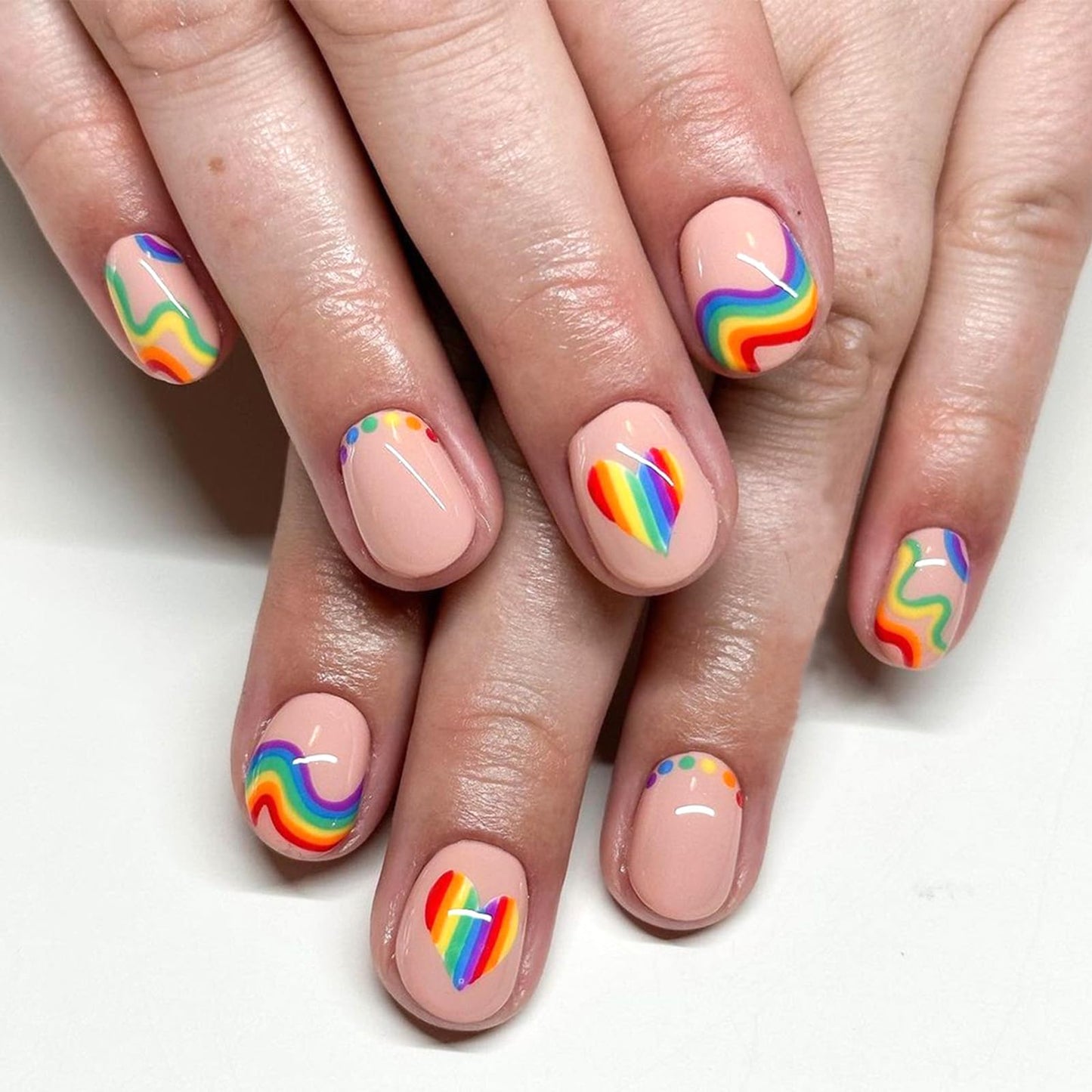 Rainbow Stripe Press on Nails Short Square Fake Nails with Colorful Heart Polka Dot Design Summer Press on False Nails Glossy Stick on Nail Reusable Artificial Glue on Nail for Women 24Pcs