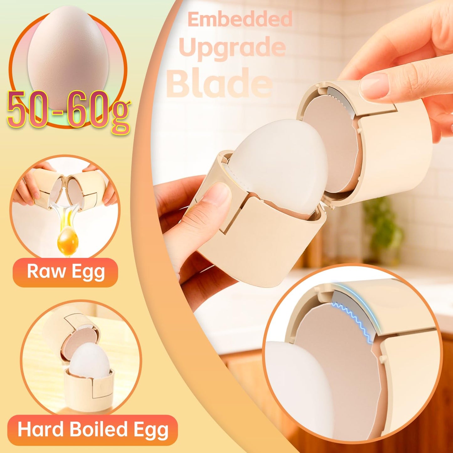 2 in 1 Egg Shell Opener with Piercer, Hard Boiled Egg Peeler, Cute Egg Cracker for Raw Eggs, Egg Separator for Home Kitchen Gadgets Tool, Beige