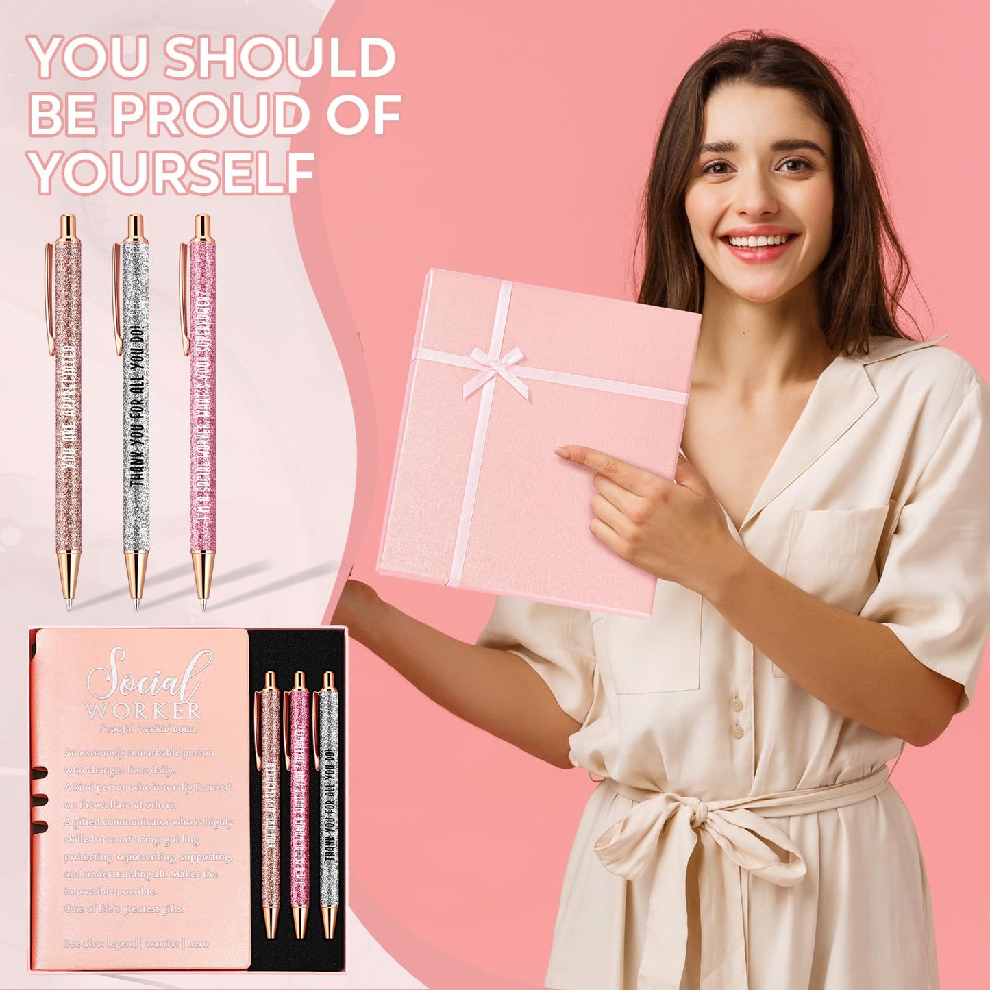 Resurhang 5 Pcs School Social Worker Must Haves Office Supplies Graduation Gift Leather Journal Notebook 3 Ballpoint Pens with Box Thank You Social Work Appreciation Gift for BSW MSW DSW(Pink)
