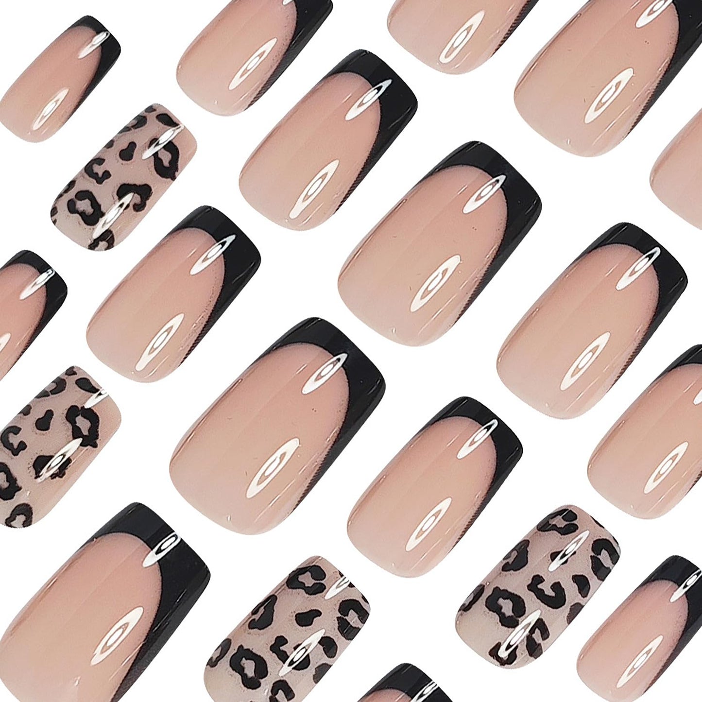 Black French Press On Nails Short Square Fake Nails With Leopard Print Design Acrylic Nails Pink Glossy Nail Press Ons Reusable False Glue On Nails For Women