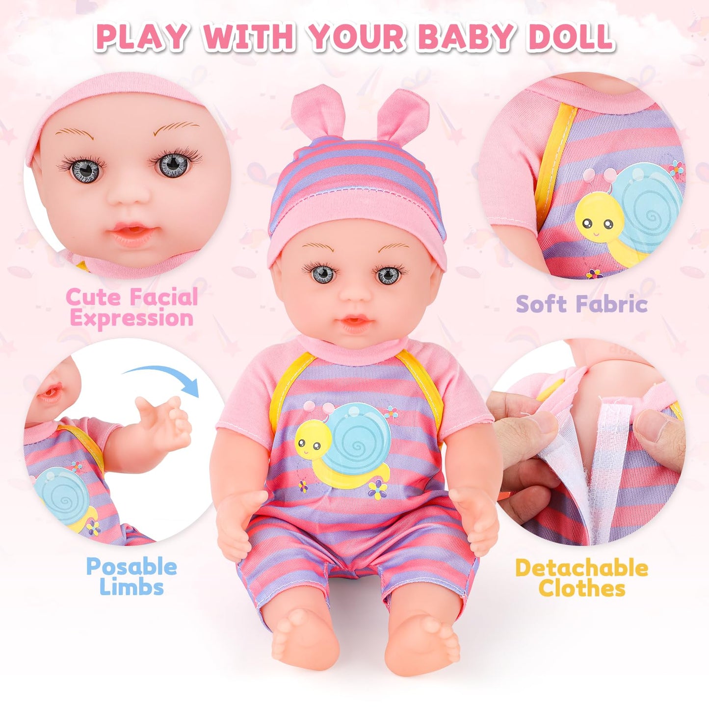 deAO Baby Doll Stroller 12" Baby Doll Set with Foldable Stroller 15 PCS Accessories for Toddlers 3-5 Christmas Birthday Gifts