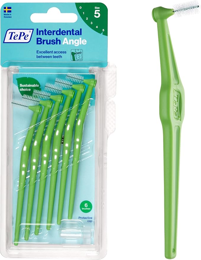 TEPE Interdental Brush Angle, Angled Dental Brush for Teeth Cleaning, Pack of 6, 0.8 mm, Large Gaps, Green, Size 5