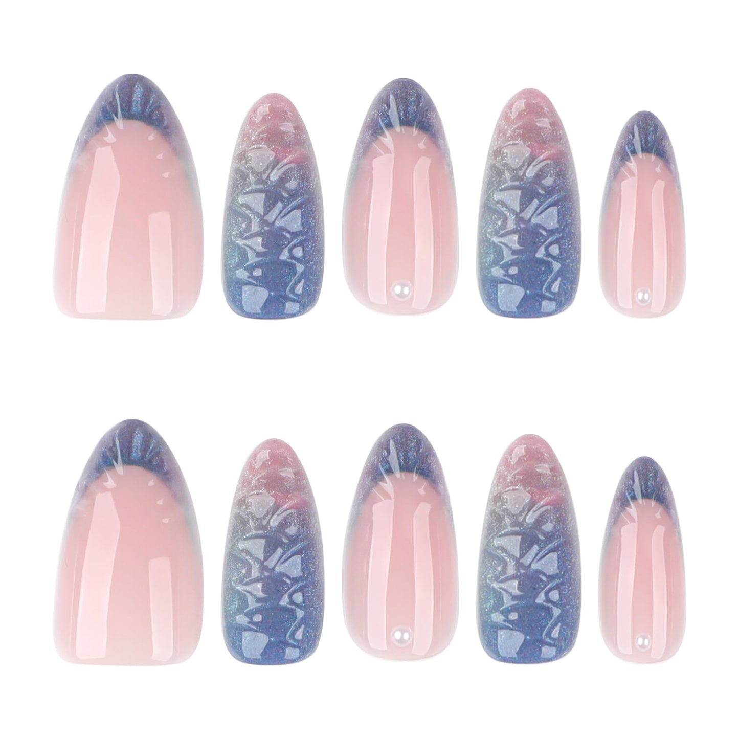 Almond Press On Nails Medium, 24PCS Iridescent 3D Mermaid Scale Acrylic Fake Nails, Gradient Pink Purple Stick On Nails for Women, Reusable Glossy False Nails for Party, Wedding