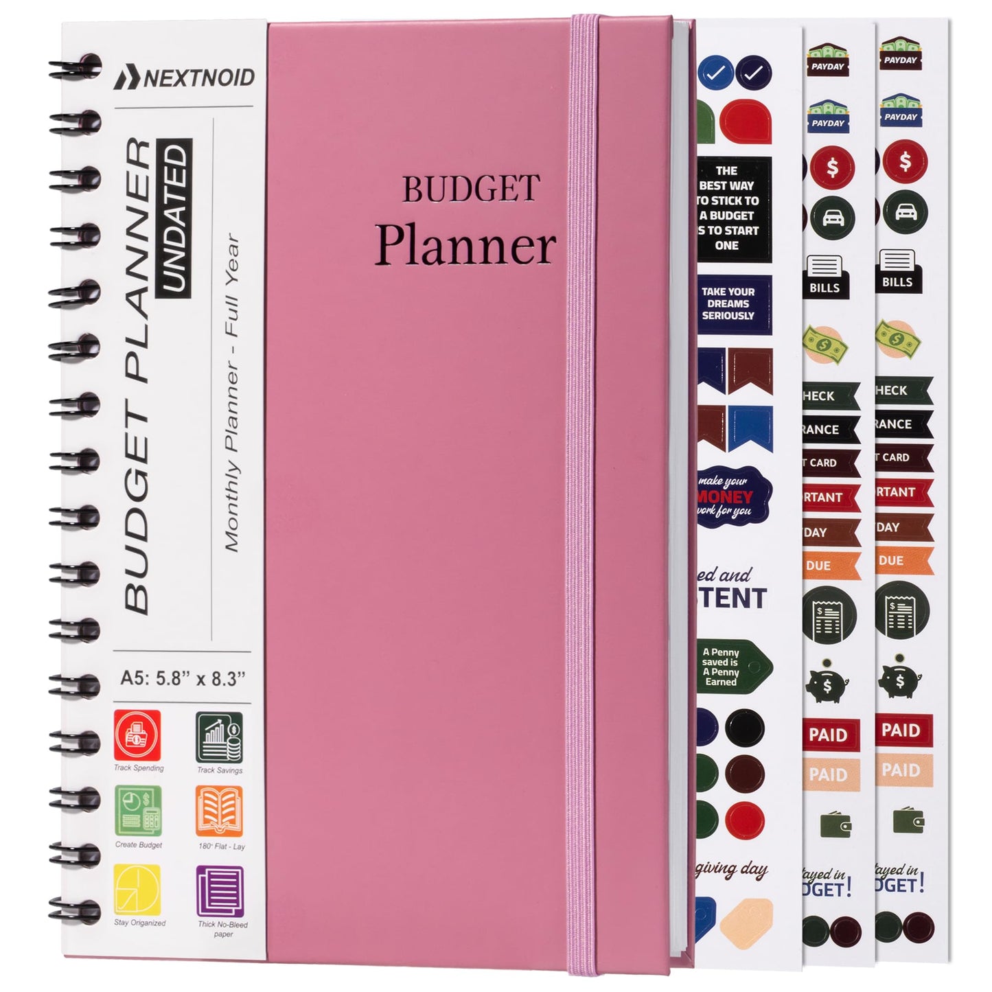 Budget Planner and Monthly Bill Organizer - Financial Planner Budget Book with Sticker Sheets - 12 Month Undated Bill Tracker Notebook with Debt, Saving and Expense Trackers - A5 (Rose Pink)