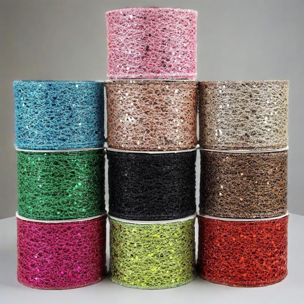 CABODYALS 10 Yards 2.48 Inch Black Glitter Mesh Ribbon Wire Edge Wide Netting Sparkly with Sequins Paillettes Fabric Ribbons for Gift Wrapping Bow Making Bouquet Wedding Home Decor DIY Craft Supply