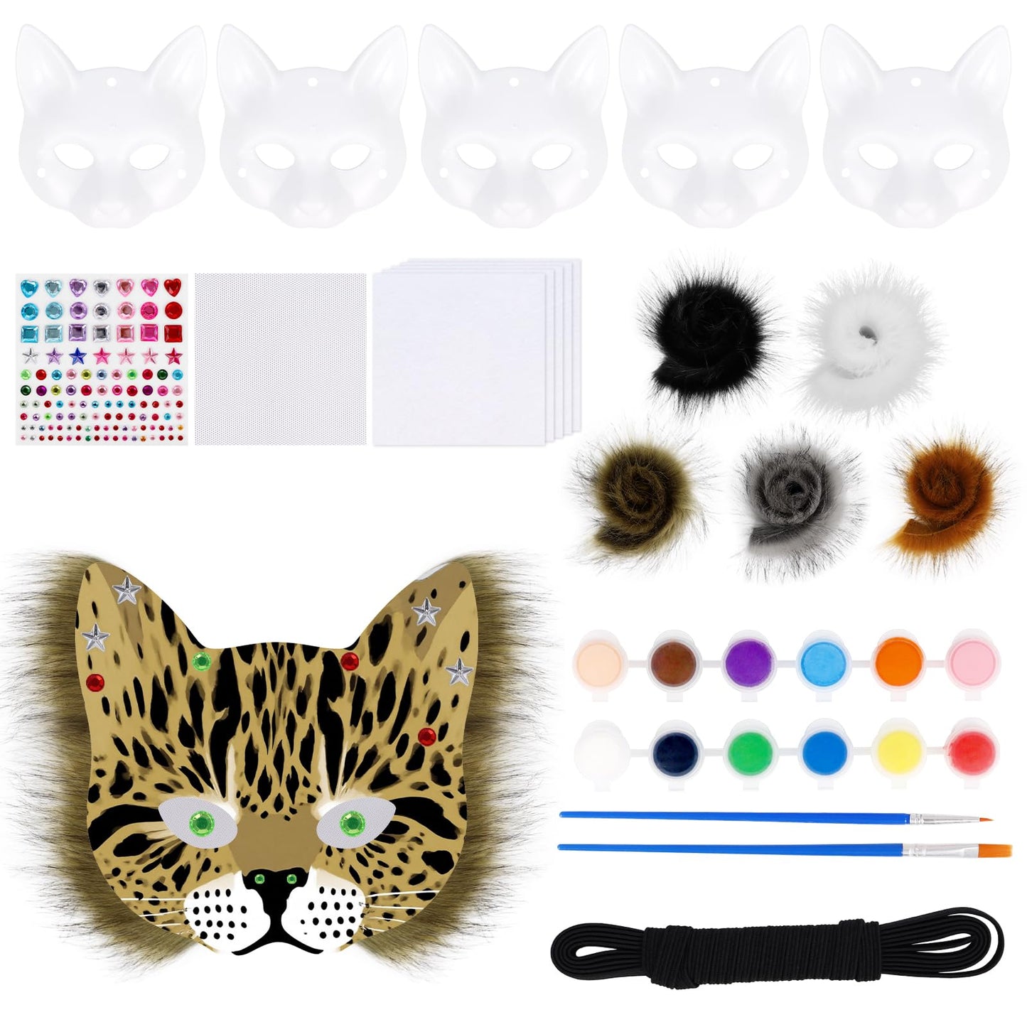 YLOVEFUR DIY Cat Fox Mask Set with Eye Meshes Stickers Faux Fur Fabric Strips for Halloween Masquerade Cosplay Party