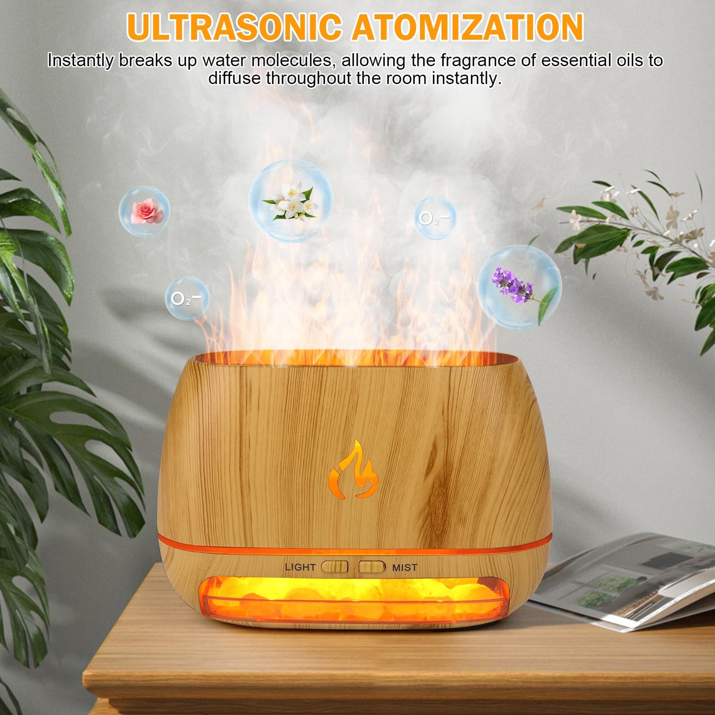 3-in-1 Ultrasonic Essential Oil Diffuser & Himalayan Salt Lamp Diffuser & 7 Colors Changing Oil Diffuser,100% Pure Himalayan Pink Salt Rock, Waterless Auto off-200ml (Wooden Grain)