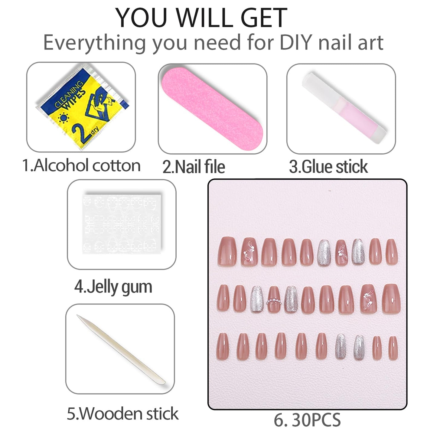 WAFOLOZE Press On Nails Medium Coffin Fake Nails With Glue, Ice Crystal Stone Cat's Eye Nail Press Ons With Small Pearl Painted Design，Artificial False Nails Stick On Nails for Women-30Pcs