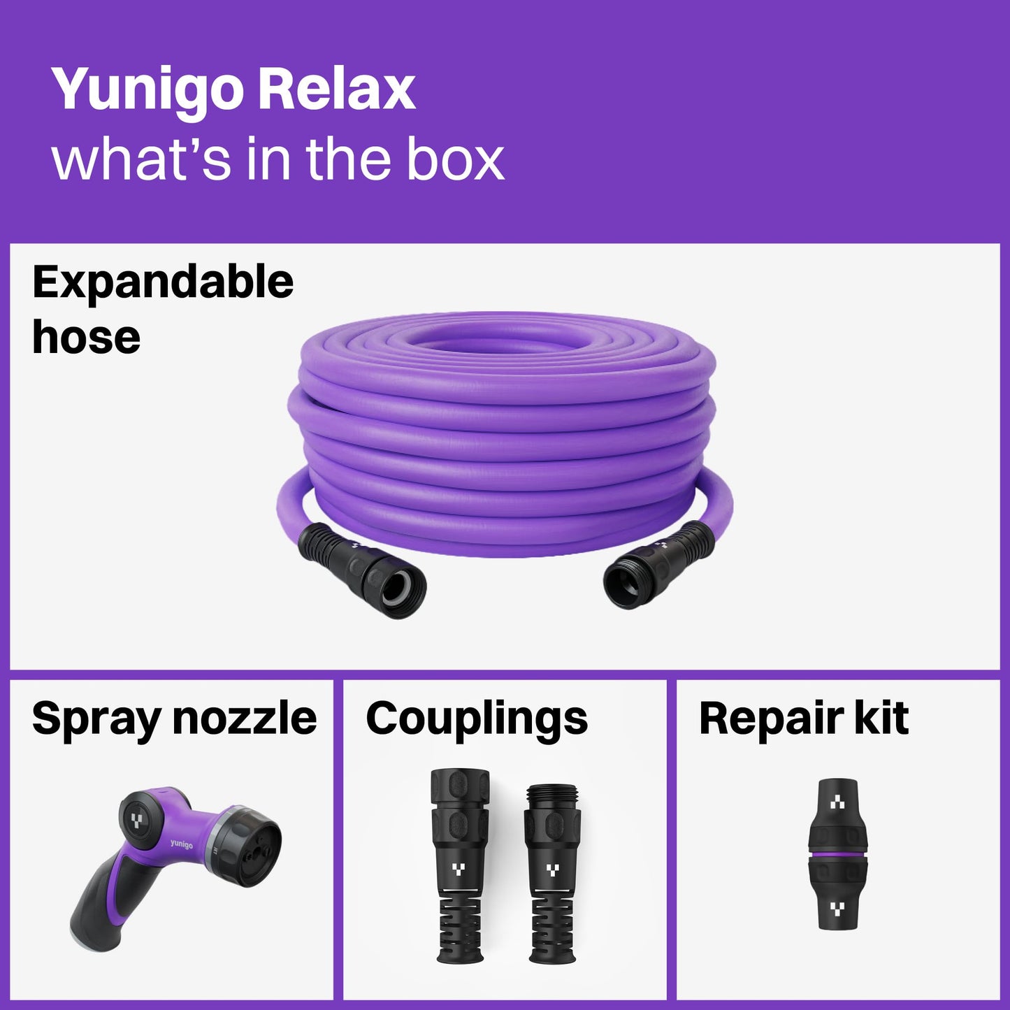 YUNIGO RELAX 100ft Expandable Purple Garden Hose – Lightweight No-Kink Design with Durable Aluminum Couplings, Spray Nozzle & Hose Mender for Home & Garden Watering