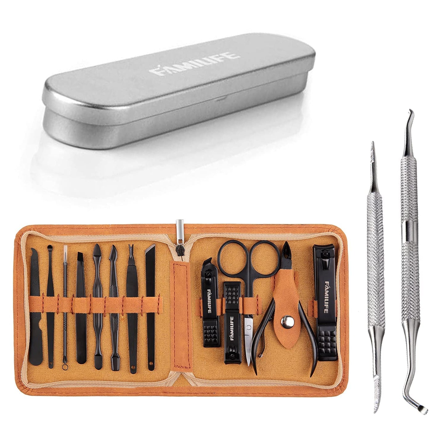 FAMILIFE 13pcs Stainless Steel Manicure Set And L07 100% Stainless Steel Ingrown Toenail File and Lifter Double Sided with Storage Case