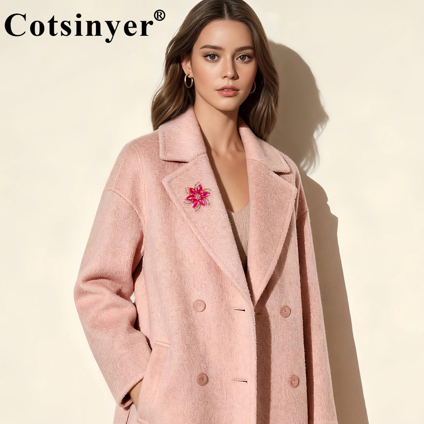 Cotsinyer Flower Brooch for Women - Cute Gold-Toned Pin with Pink Rhinestones & Crystals for Lapel, Hat, and Scarf