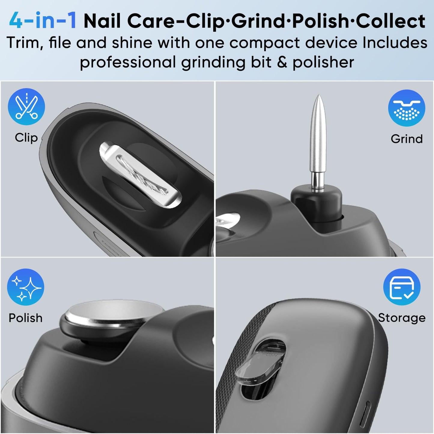 Electric Nail Clipper, Rechargeable Nail Trimmer with LED Light & Nail Storage, One-Touch Quiet Fingernail & Toenail Cutter for Adults & Seniors, USB-C, Long Battery Life（Black）