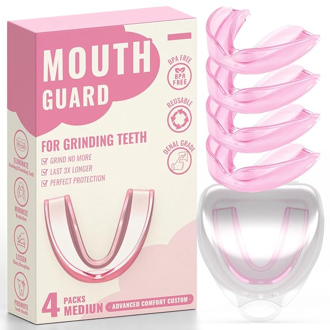 4 Pack Pink Mouth Guards for Women and Teens, Medium Size, Moldable Night Guards for Teeth Grinding and Clenching, Comfortable Bite Guards, Stylish Custom Dental Guards for Protection