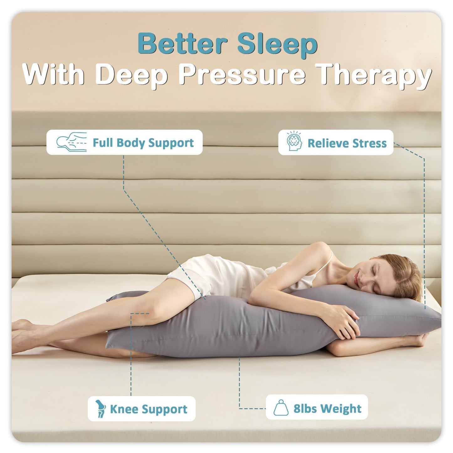 MIOTO Cooling Weighted Body Pillow with Tencel Cover（48" x 14"） 8.5lbs - Quilted Glass Beads Body Pillows for Better Sleep, Weighted Pillow for Adults, Long Pillow for Bed, Ideal Side Sleeper Pillow