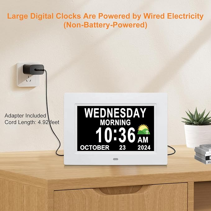 SSINI Digital Calendar Dementia Alarm Clock with Day and Date for Elderly - 15 Alarms 5 Colors Display Digital Clock Large Display Alzheimers Large Digital Clock for Seniors (7in White)
