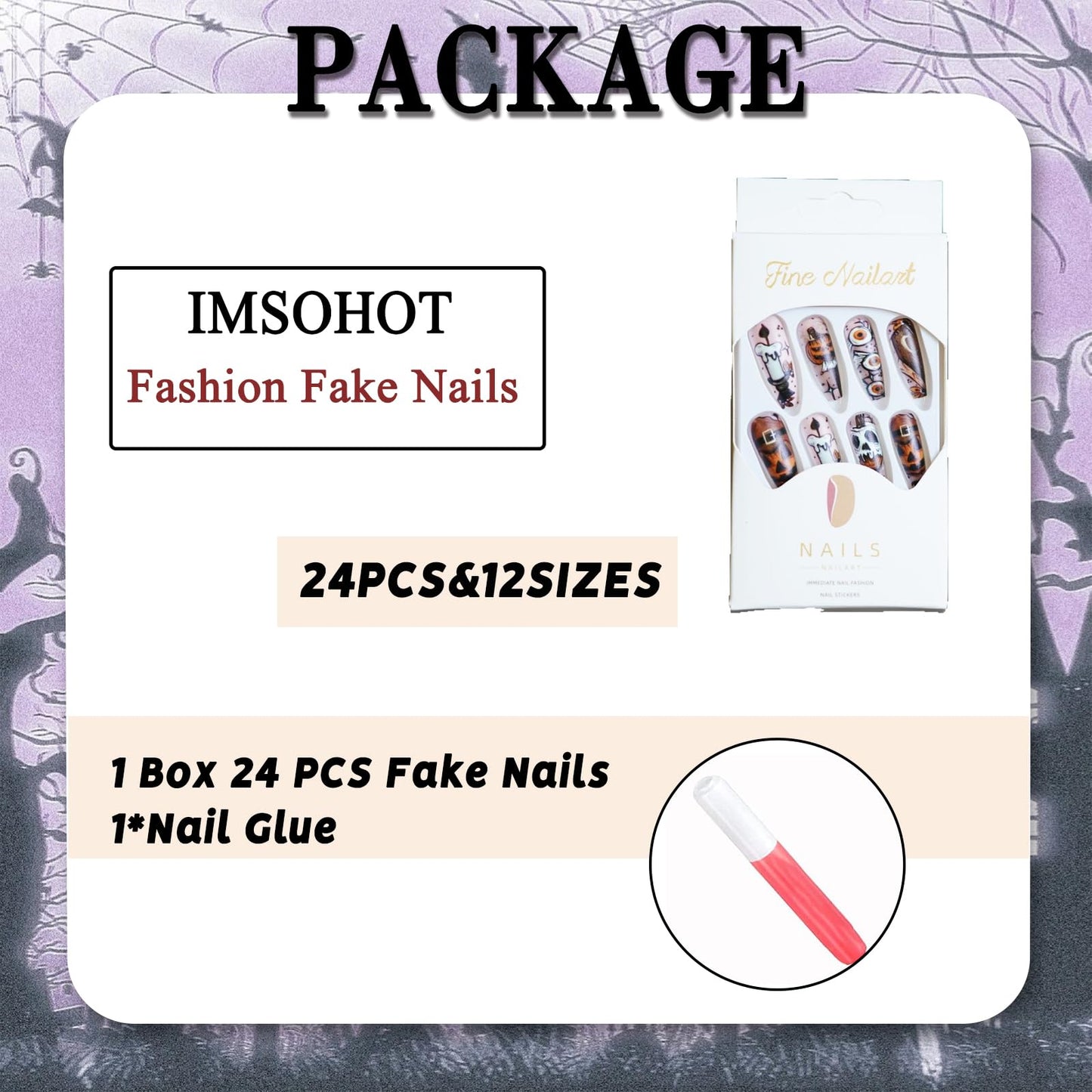IMSOHOT Press on Nails Long Coffin Fake Nails Matte Nude False Nails with Pumpkin Skull Designs Acrylic Ballerina Glue Stick on Nails for Women 24Pcs